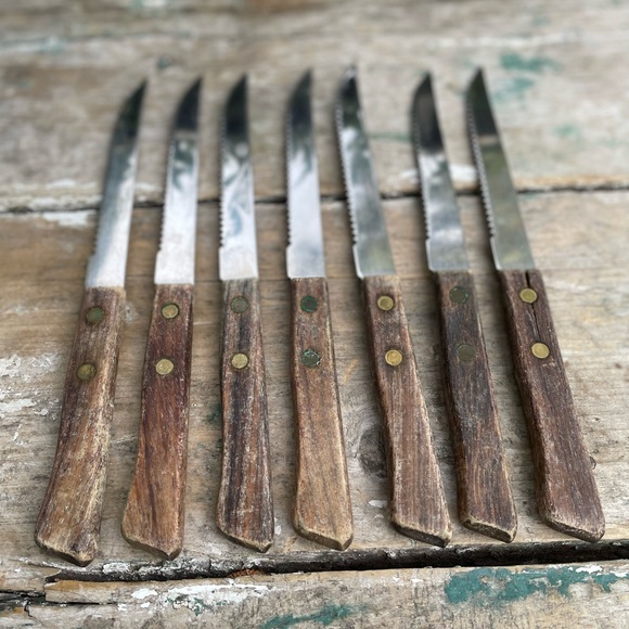Kitchen Vintage Serrated Stainless Wood Steak Knives Japan Set Of 7